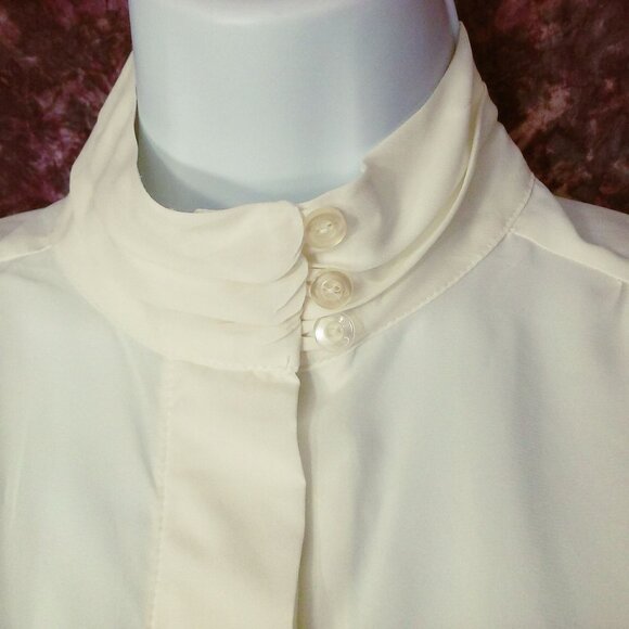 Vintage 80s Jonathan Logan Blouse Top -10 Buttons Pleats MockNeck Puff LSL Ivory - Picture 6 of 9